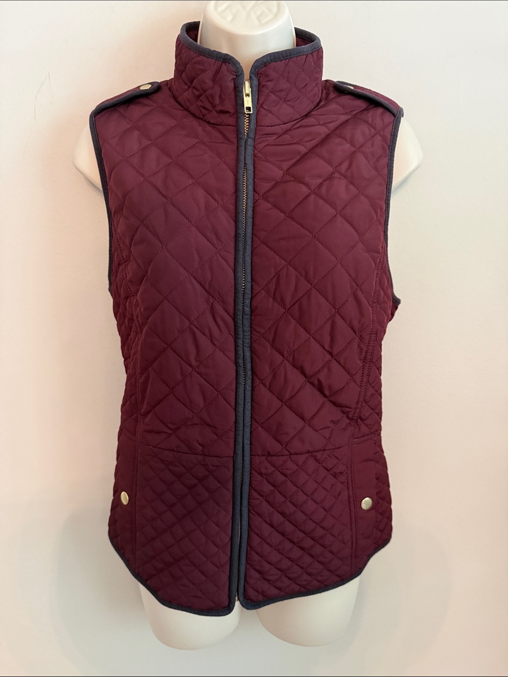 Talbots Classic Quilted Vest in Burgundy Maroon with Dark Trim Gold Accents